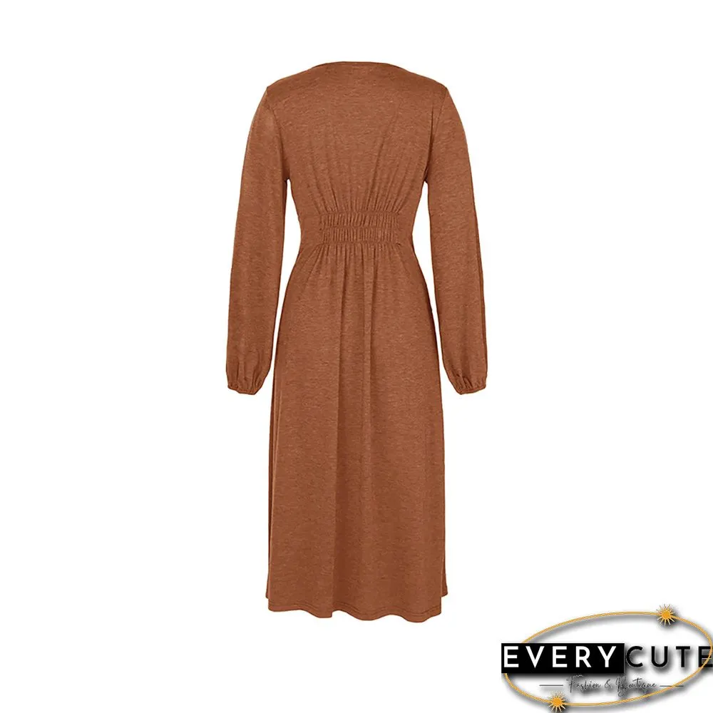 Orange Pleated V Neck Buttoned Long Sleeve Midi Dress