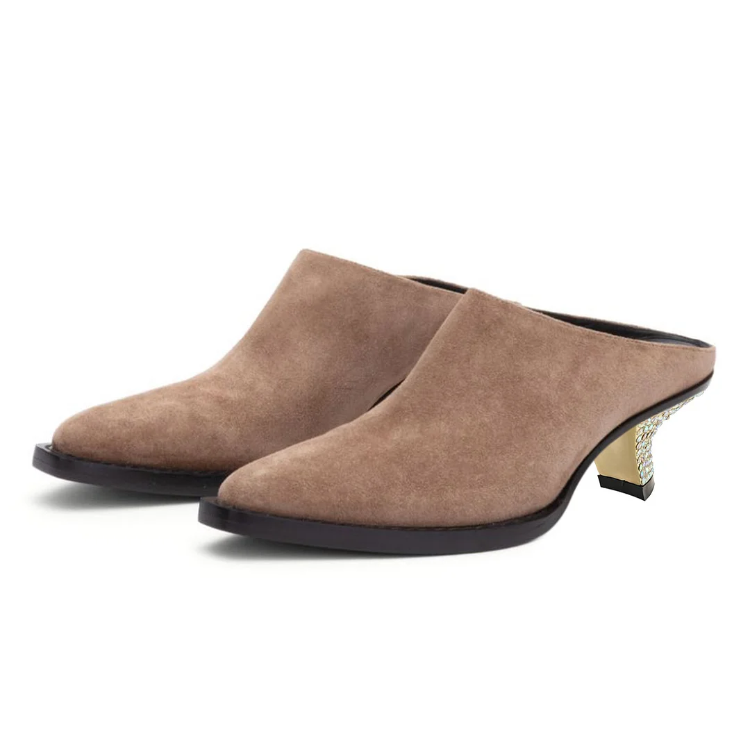 Brown Vegan Suede Rhinestone Sculptural Heel Mule Shoes for Women