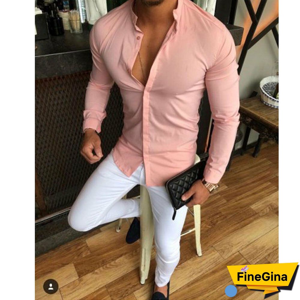 Men Long Sleeve Shirt Button Up Casual Top Male V-Neck Button Tee Shirts M-2XL