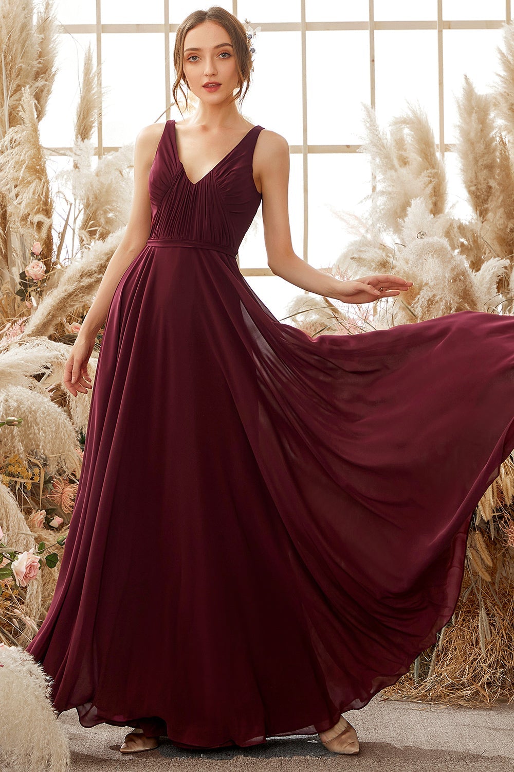 V Neck Bridesmaid Dress Burgundy A-line Floor Length Chiffon Sleeveless ...
