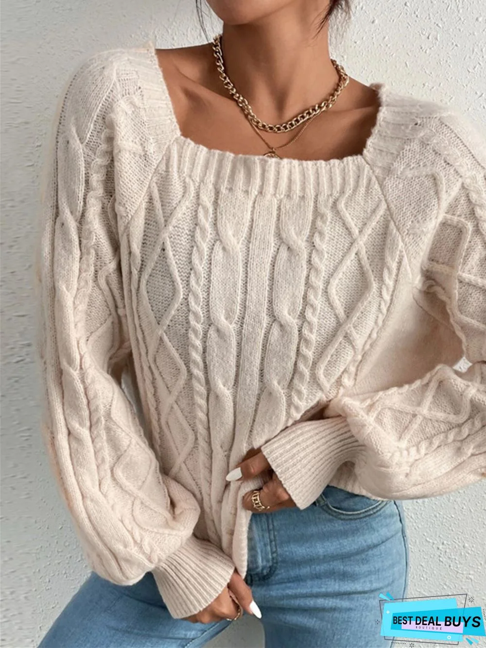 Solid Color Square Neck Fashion Loose Knit Sweater