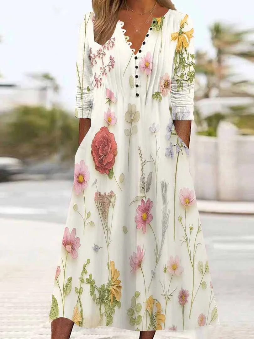 Women Floral,Apricot DZHB8364 Long Sleeve V-Neck Graphic Printed Midi Dress