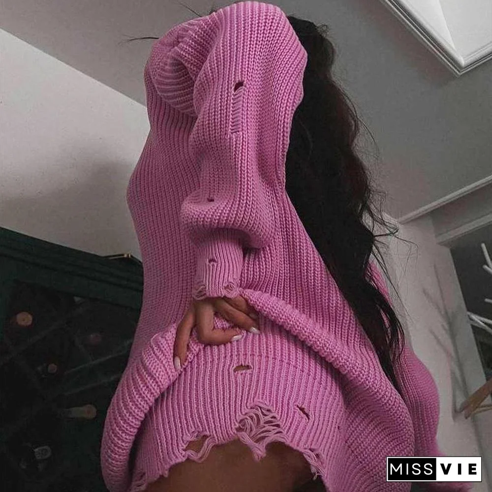Loose Solid Color Hole Sweater Round Neck Pullover Long Sleeve Sweater