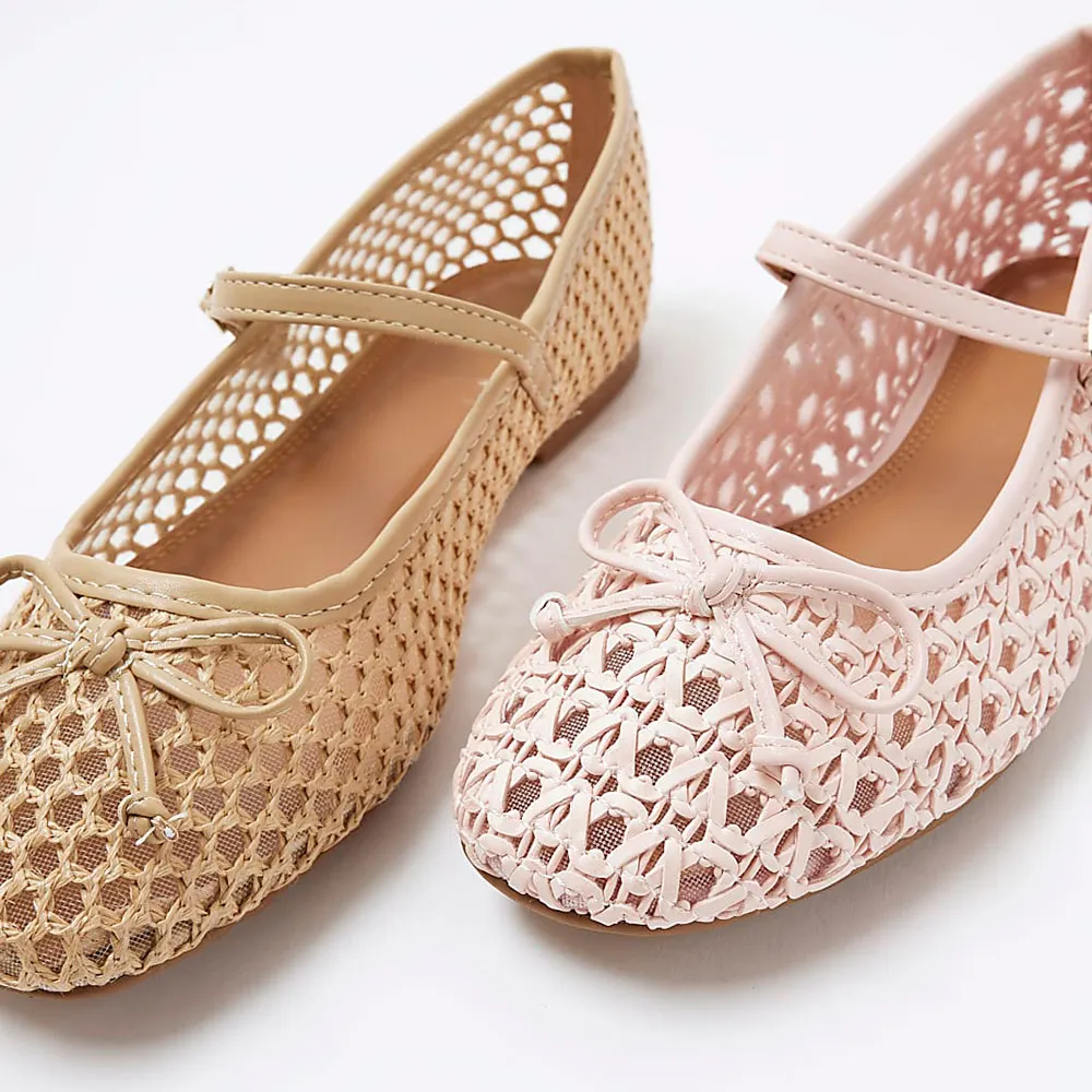 YDN Beige Raffia Round Toe Bow Decor Cut-Out Mary Jane Flats