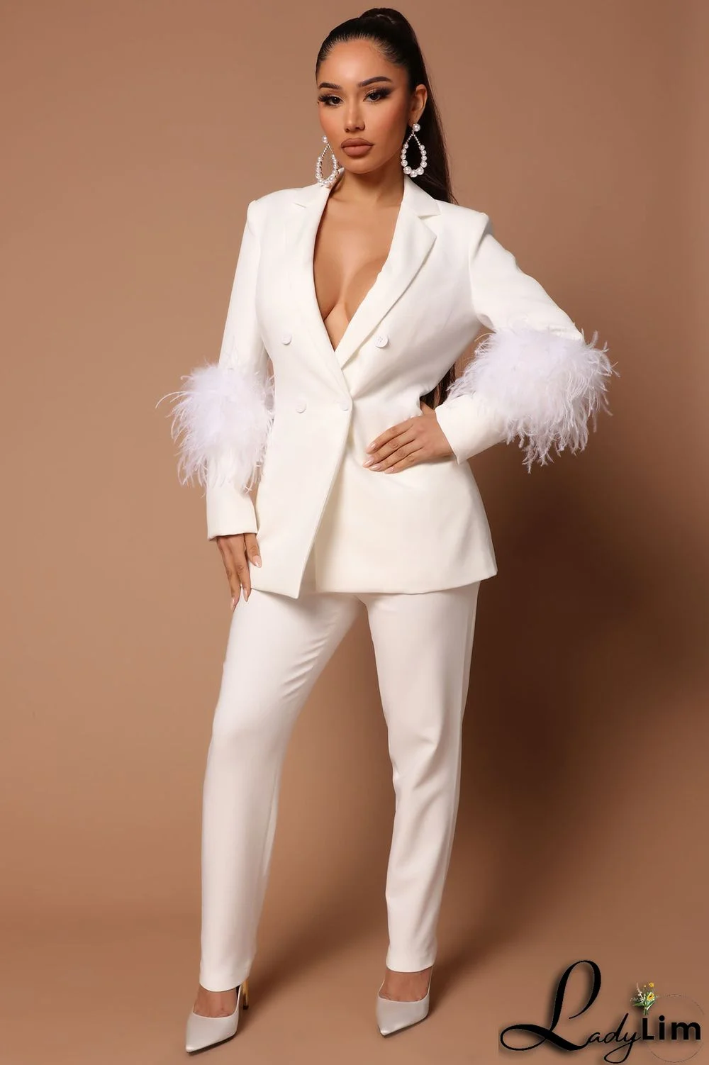 Fall Women Feather Blazer and Pant Two Piece