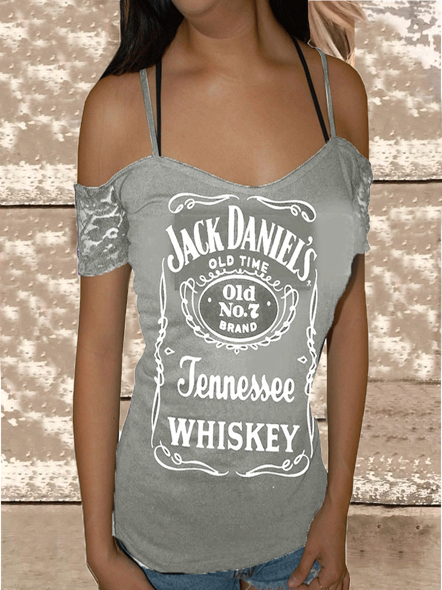 JACK DANIEL'S JENNESSEE WHISKEY Printed Lace Stitching Off-the-shoulder T-shirt