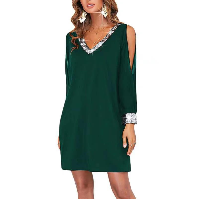 Elegant Sequined V Neck Women Solid Color Party Dress Sexy Hollow Out Long Sleeve Loose Mini Dress Female Casual Dresses S-3XL