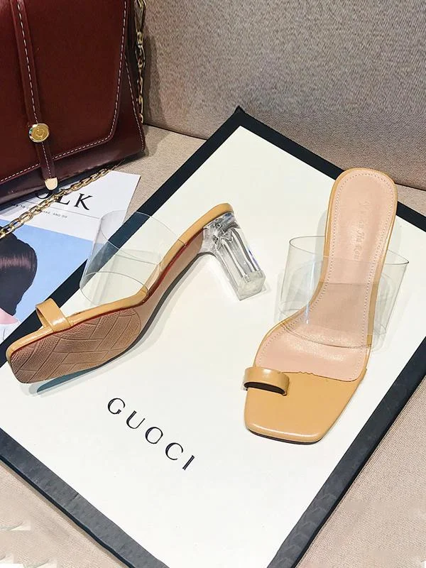 One word with thick heel crystal transparent high-heeled slippers