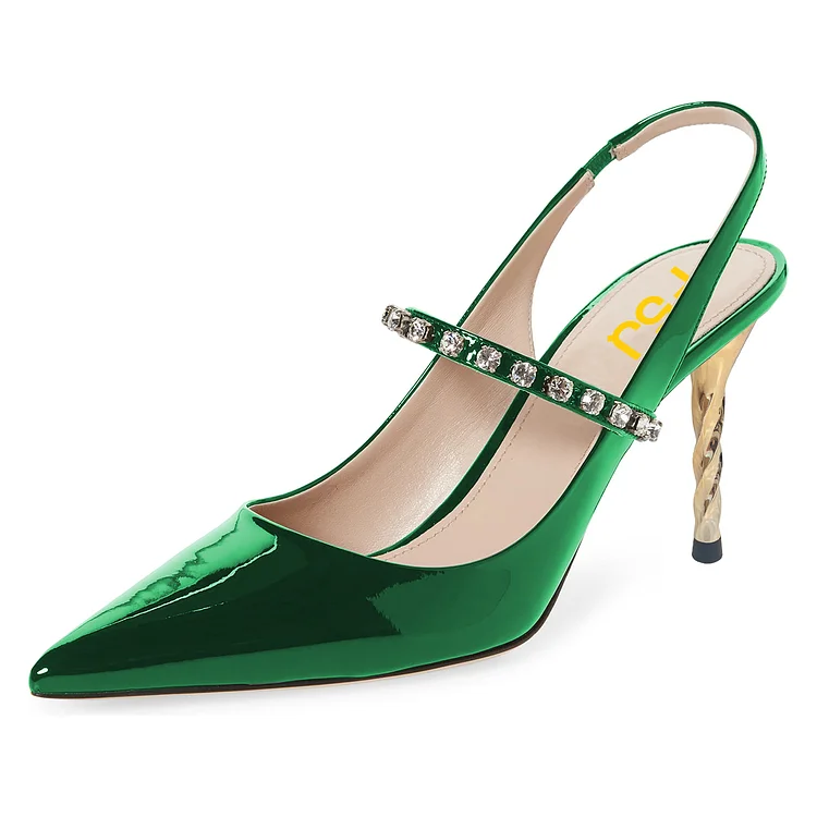 Green Patent Leather Pointy Toe Dressy Slingback Pumps |FSJ Shoes