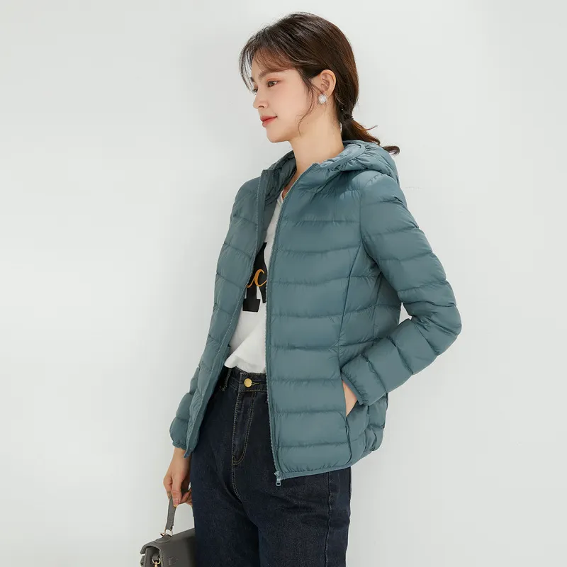 Uveng 2024 New Down Jacket Female Light Short Hooded Korean Version Large Size Slim Warm White Duck Down Pure Color Coat Tide