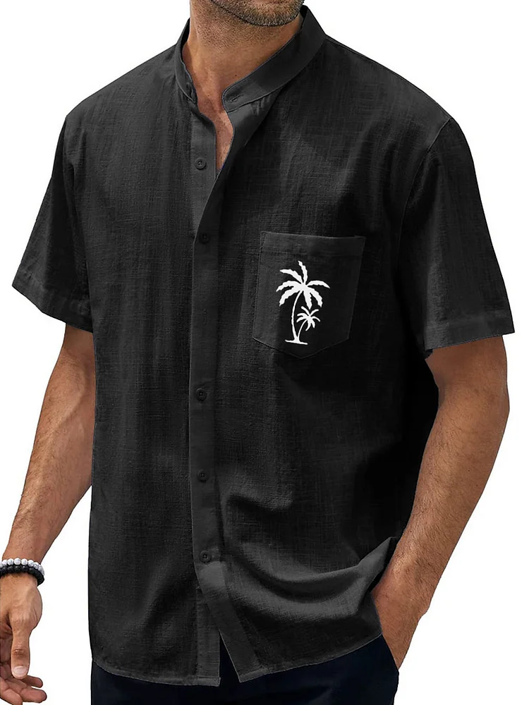 Hawaiian Coconut Stand Collar Print Pocket Short Sleeve Shirt