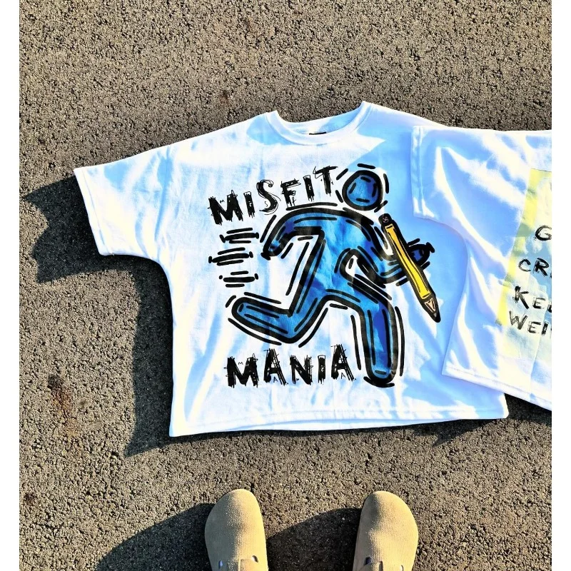 Aonga Geometric Stickman Cartoon Letters Printed Oversized Graphic T-Shirts Women Rock Roll Popular Versatile Fashion Casual y2k Tops aonga