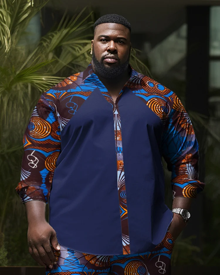 Men's Plus Size Blue Abstract Graphic Long Sleeve Lapel Shirt Two-Piece Set