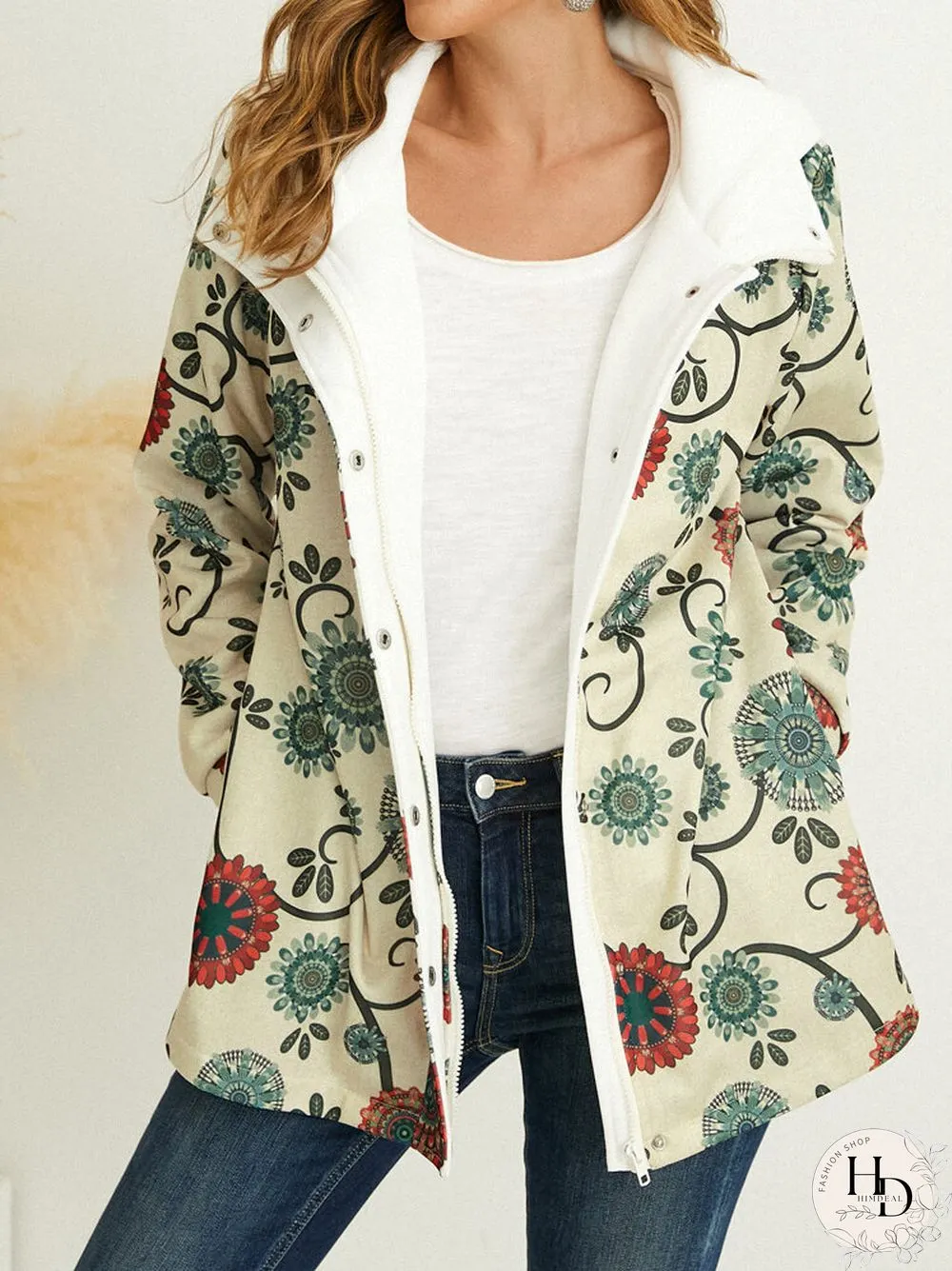 Flower Print Button Pocket Hooded Casual Jacket for Women