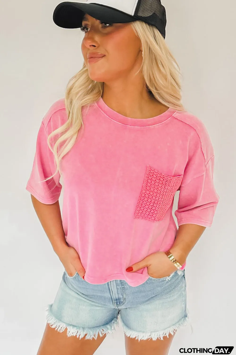 Pink Acid Wash Lace Patch Pocket T-Shirt