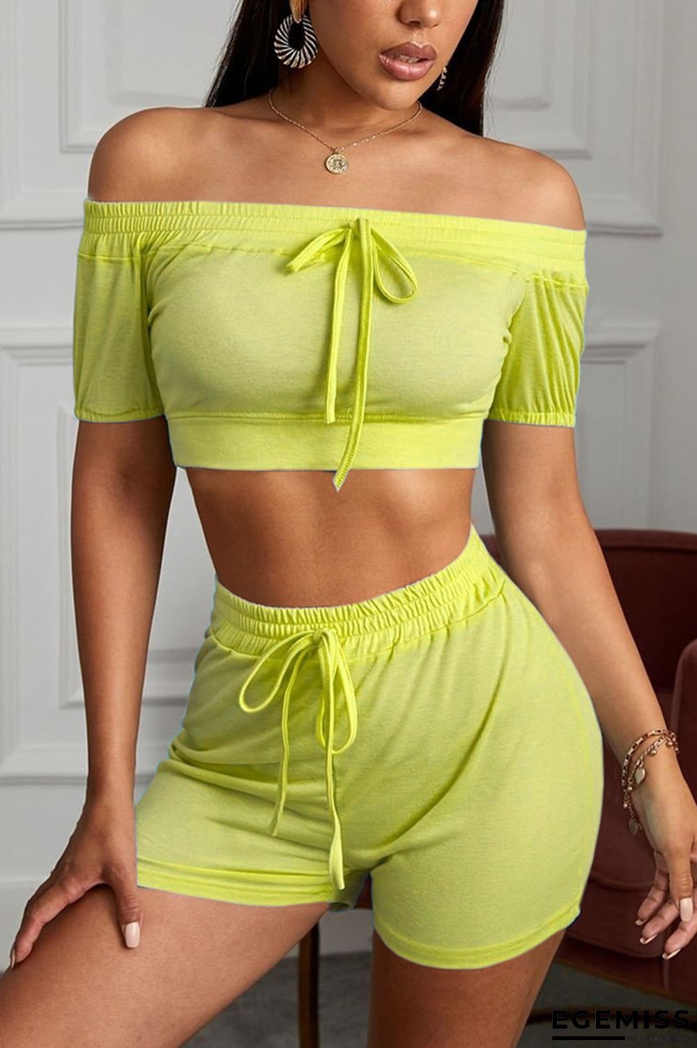 Yellow Fashion Casual Shorts Sports Two-piece Set | EGEMISS