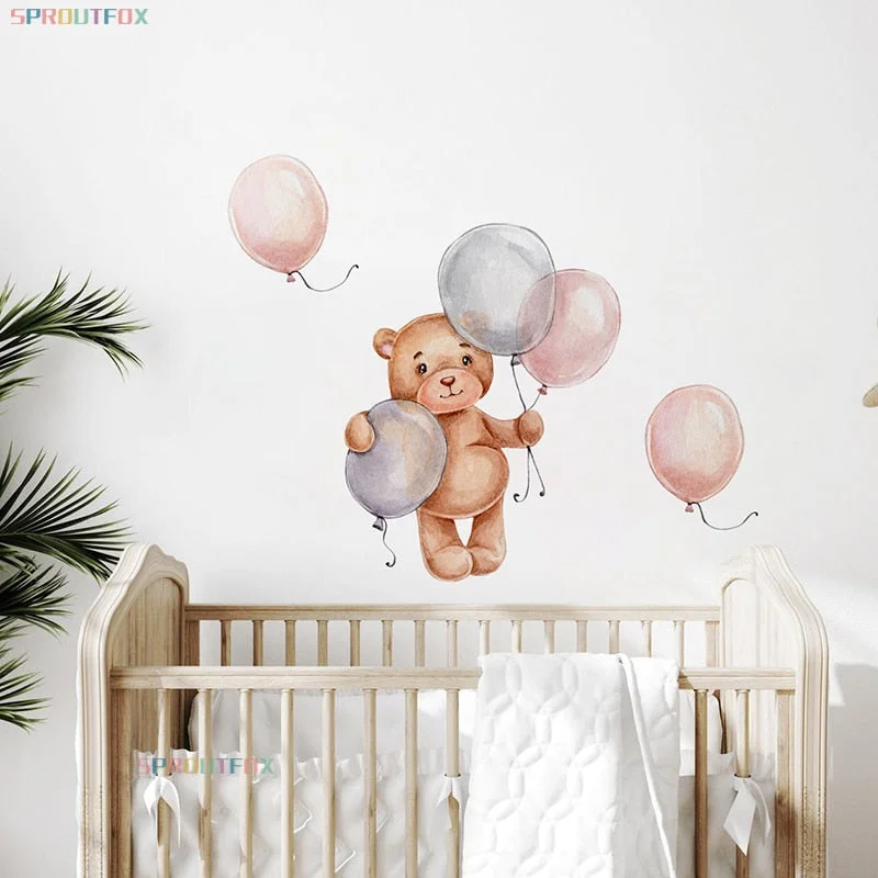 Balloon Brown Bear Wall Stickers for Kids Room Baby Boys Nursery Room Decoration Animals Wall Decal Nordic