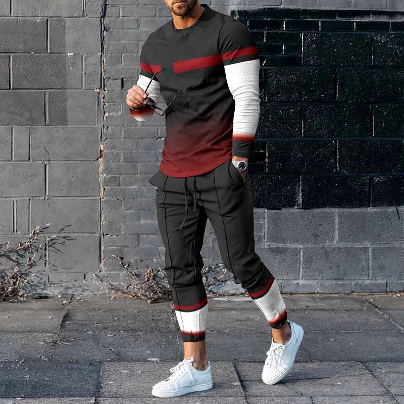 Contrast Color Red White Black Gradient Long Sleeve T-Shirt And Pants Co-Ord