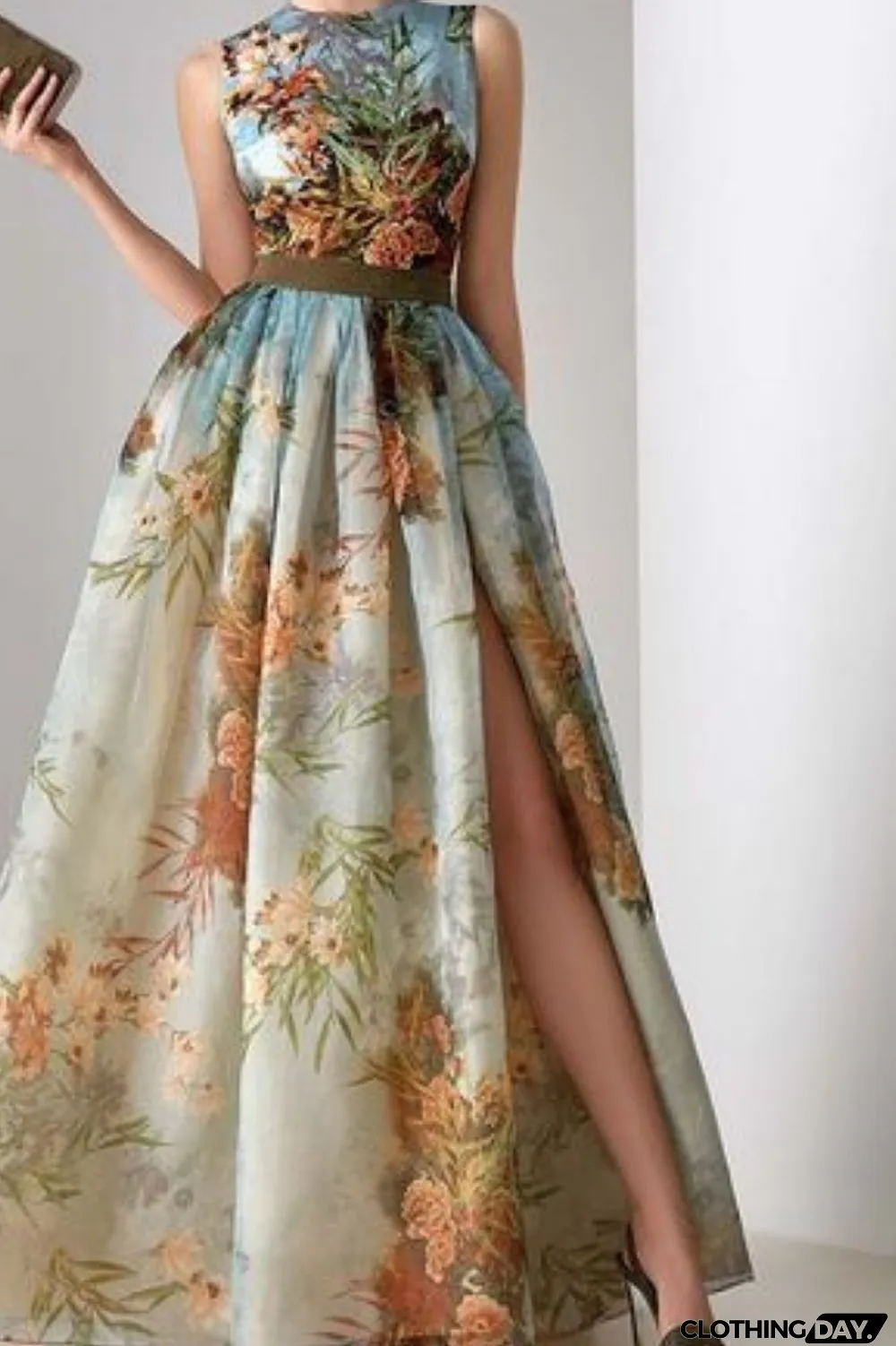 Women Print Sleeveless O-neck Side Split High Wedding Guest Dresses