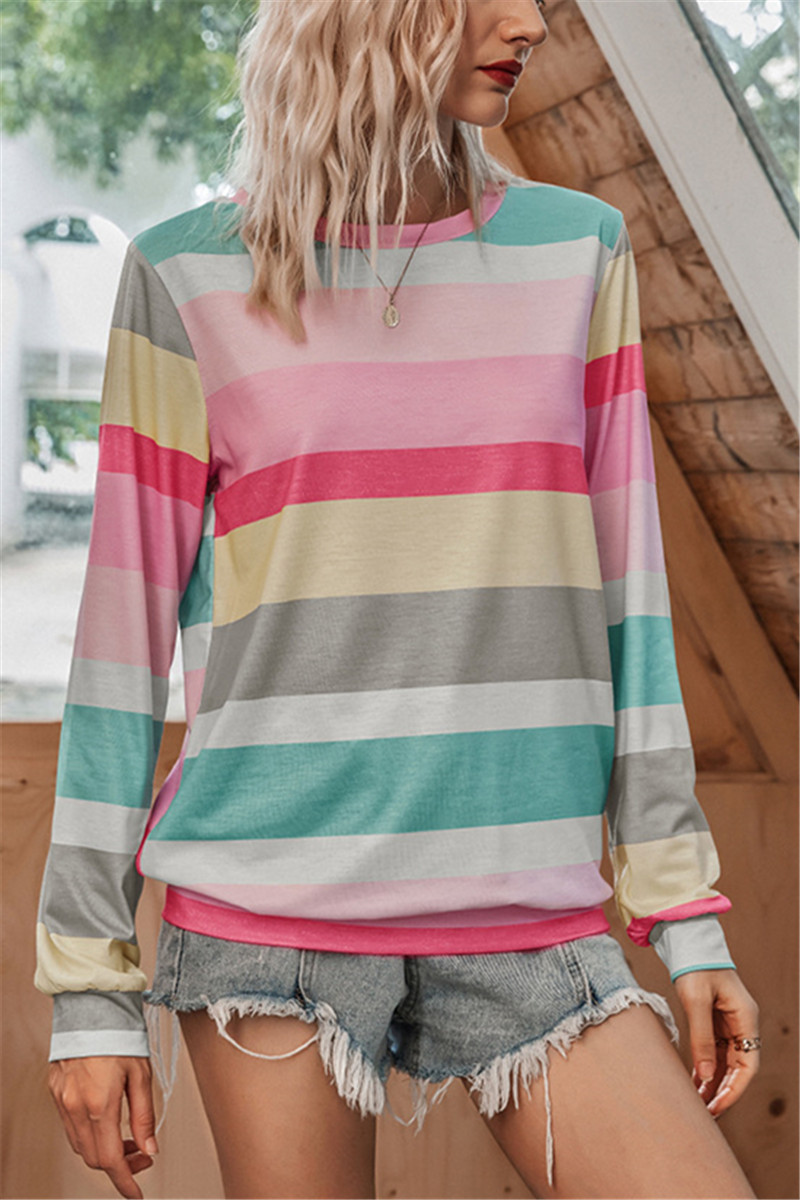 Colorblock Striped Round Neck Long Sleeve Cotton Casual T Shirt