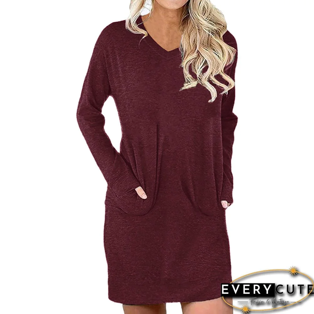 Wine Red Cotton Blend V Neck Pocket Loose Mini Dress