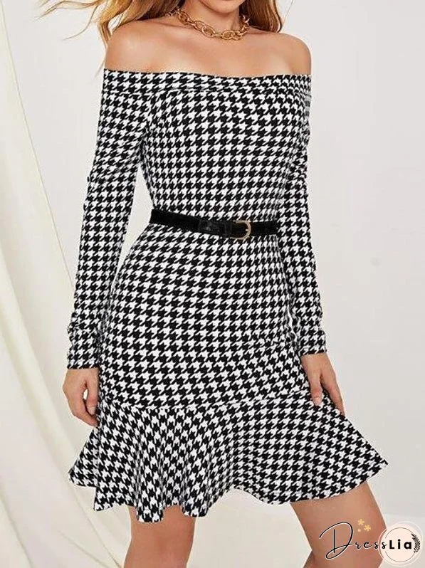 Off Shoulder Flounce Hem Houndstooth Dress Without Belt