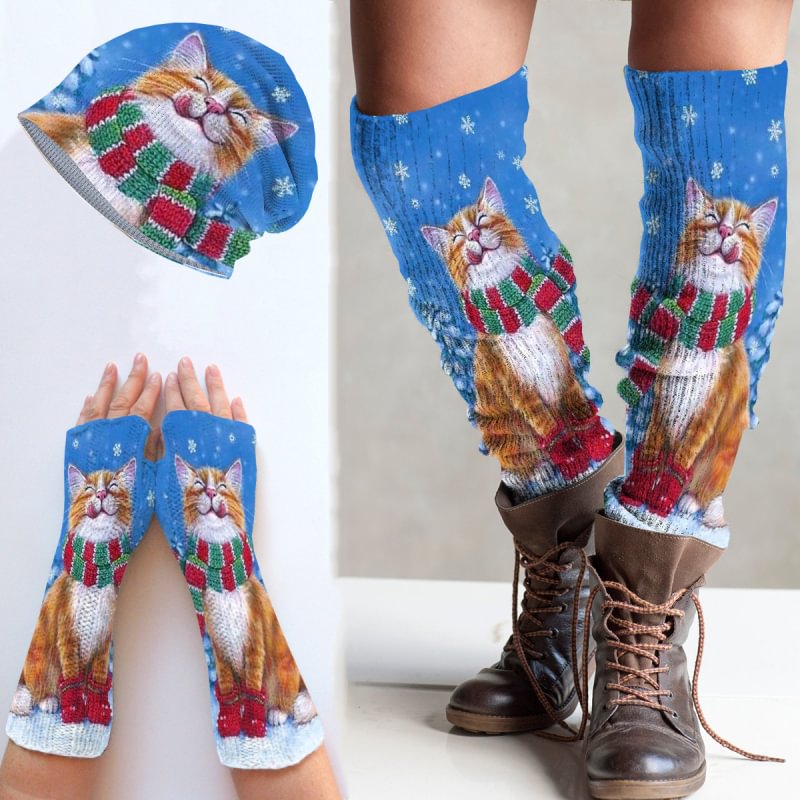 Retro Cat Printed Knitted Hat + Leg Warmers + Fingerless Gloves Set