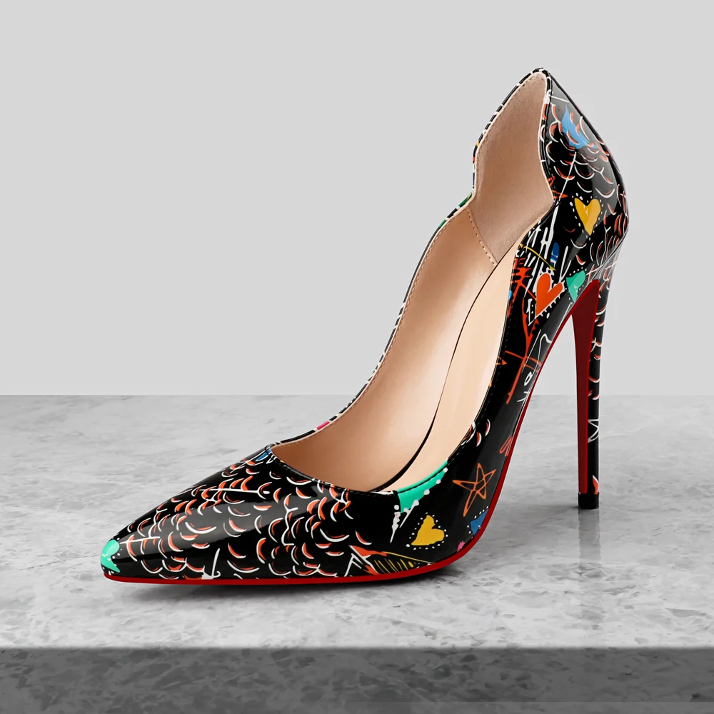 100mm/120mm Women's Pointed Toe V-Cut Shaped Graffiti Print Pumps Red Bottom High Heels