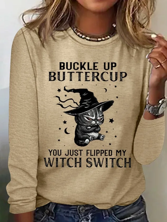 Women's Halloween Buckle Up Buttercup Casual Crew Neck Text Letters Shirt socialshop