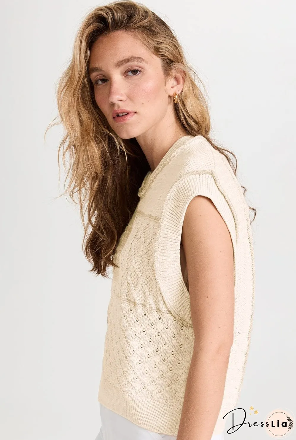 Beige Slouchy Cable Knit Dolman Sleeveless Sweater Vest