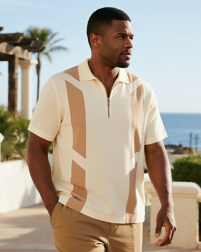 Big & Tall Men's Business Beige Card Striped Geometric Printed Short Sleeve Zipper POLO Shirt