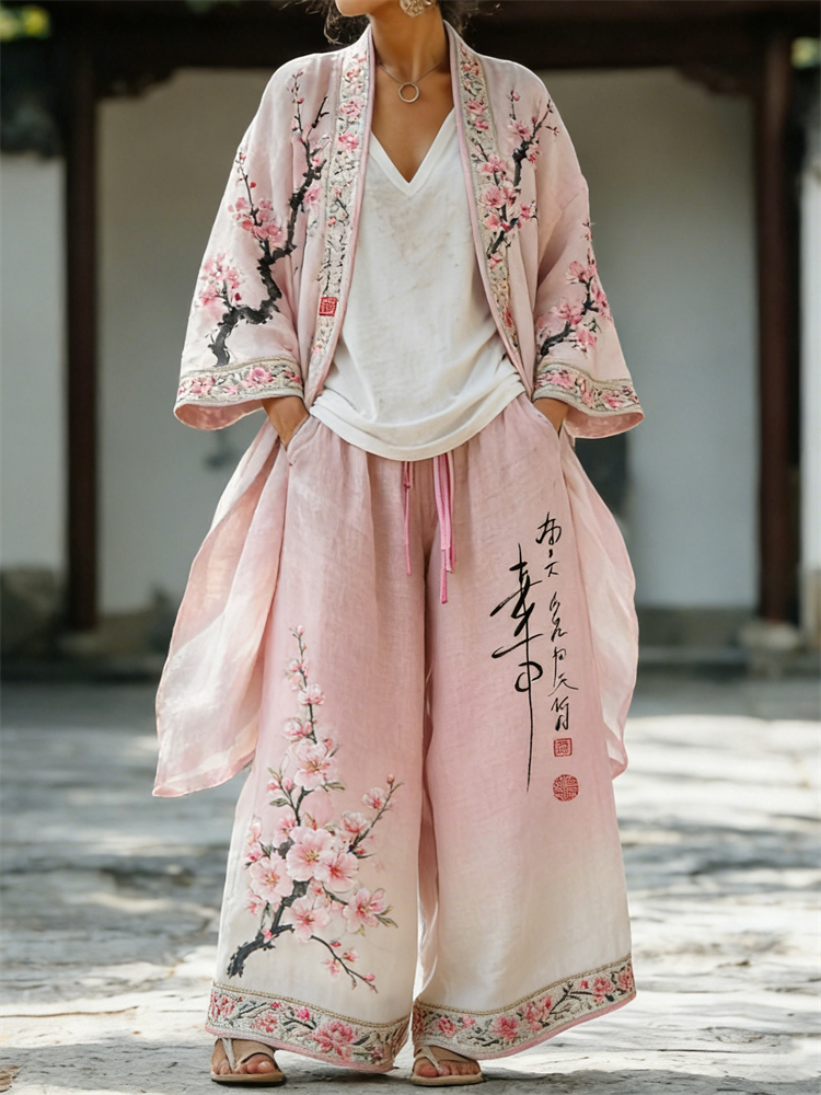 Cherry Blossom Japanese Calligraphy Art Long Kimono & Pants Linen Set wearshes
