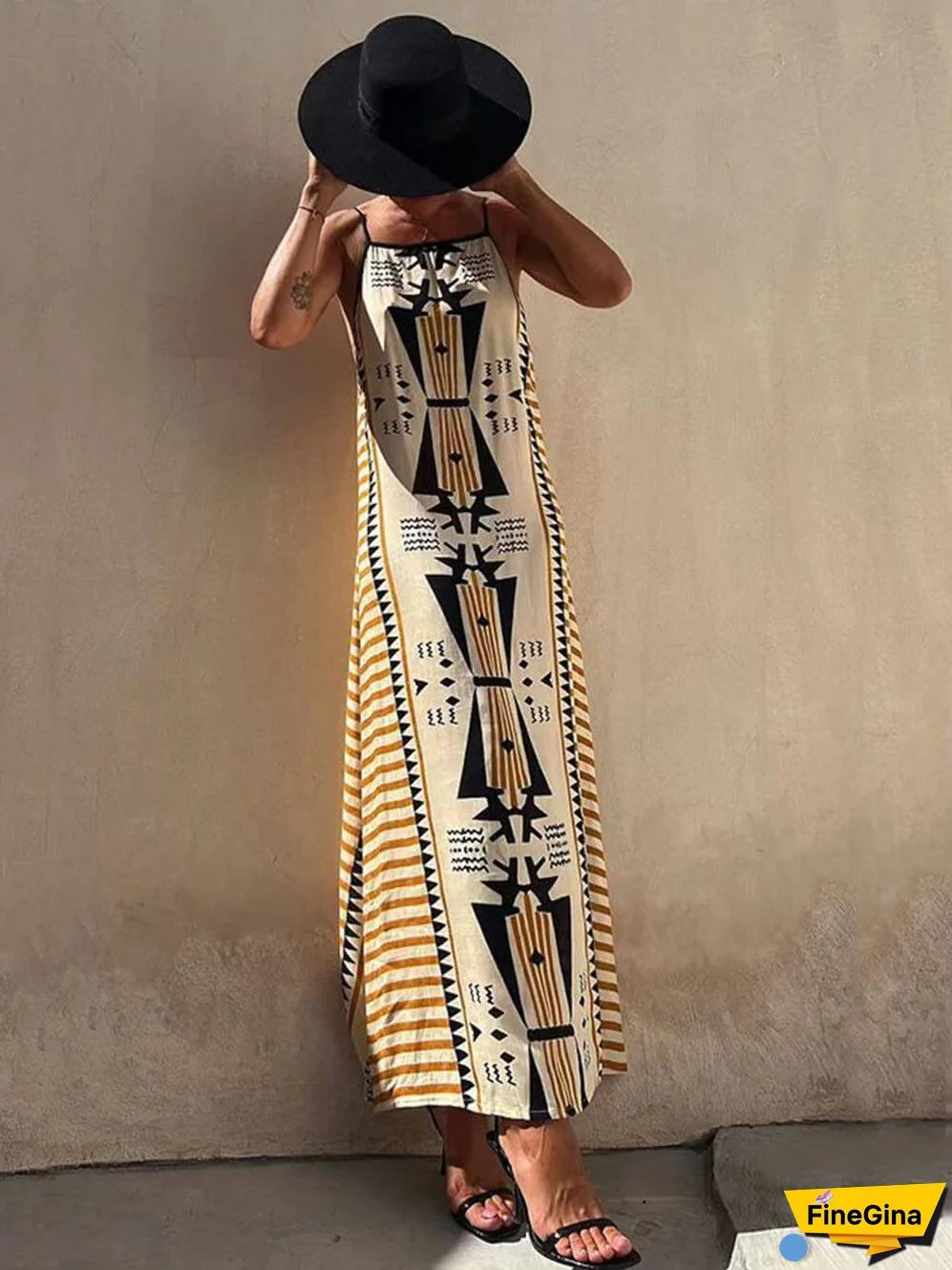 Ethnic Print Backless Charming A-line Maxi Dress