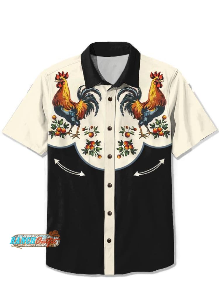 Vintage Animal Chickenprint Casual 100% Cotton Shirt Black / S
