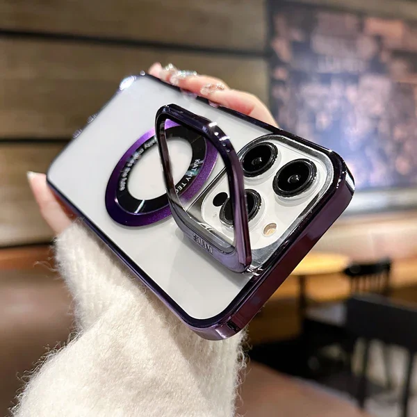 Magnetic Attraction Electroplating Transparent Bracket Case Cover For iPhone