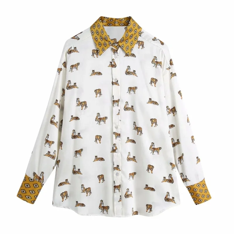 Spring Women Tiger Print Turndown Collar Loose Satin Shirt Female Long Sleeve Blouse Casual Lady Tops Blusas S8615