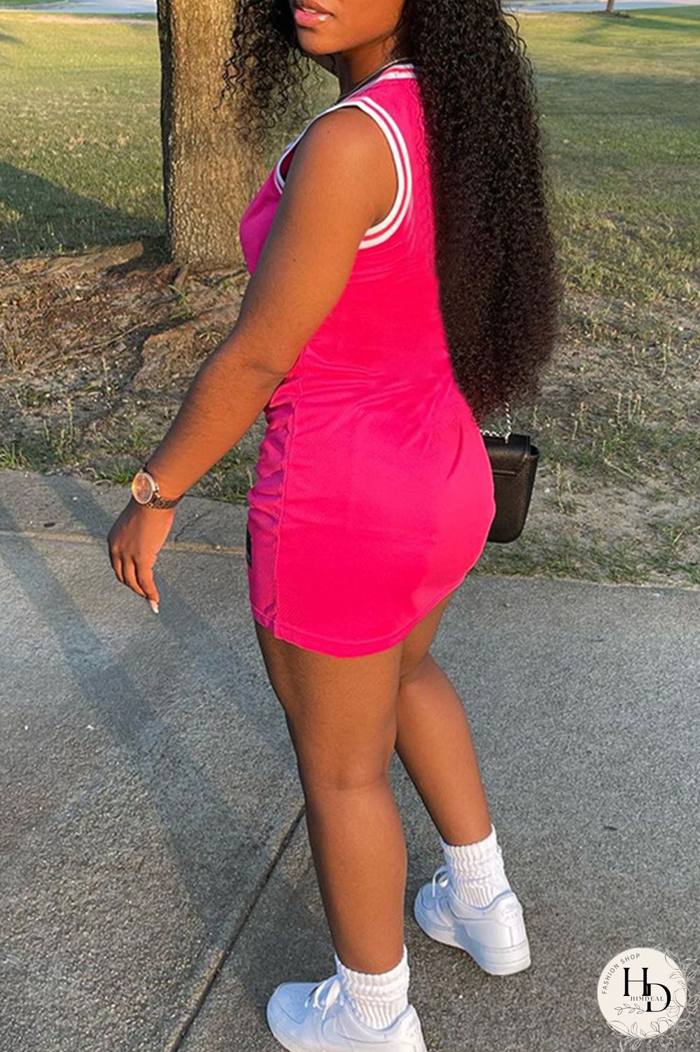 Blue Fashion Letter Print Basic O Neck Vest Dress