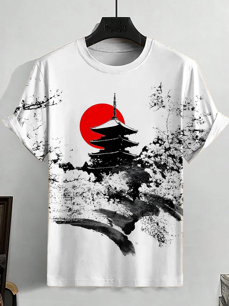 Men's Japanese Landscape Art Painting Print Casual T-Shirt