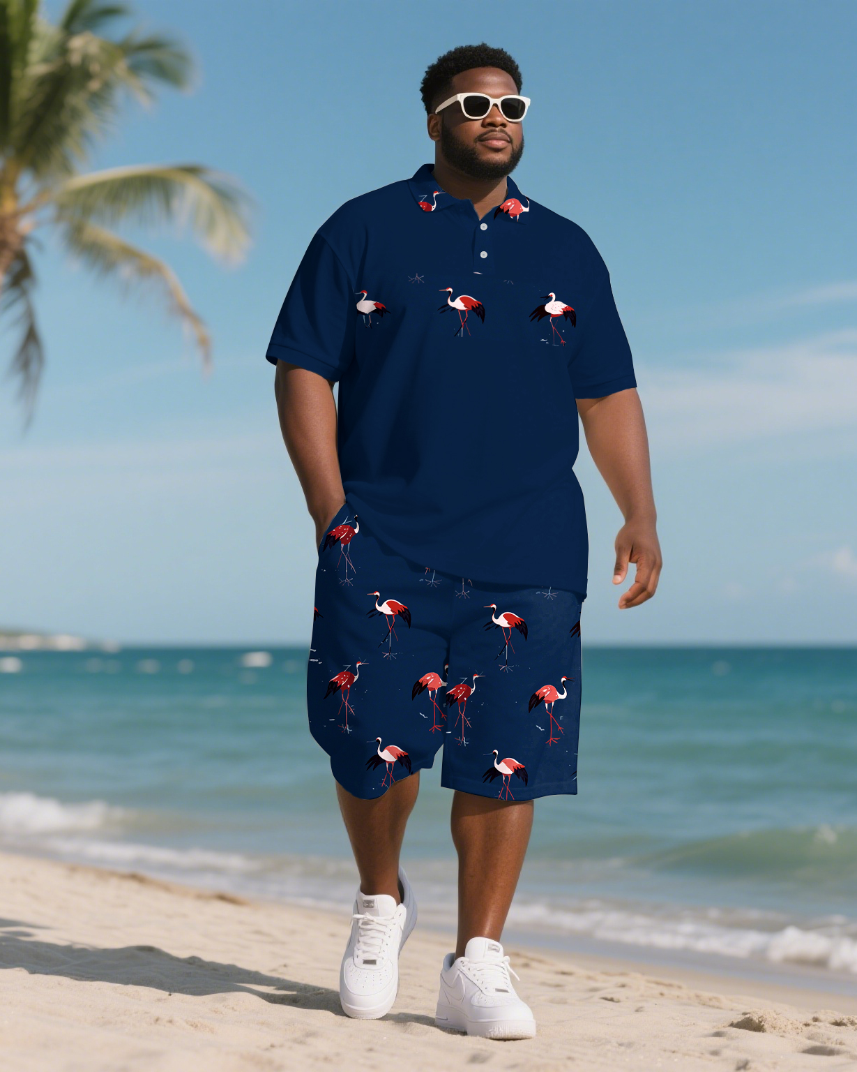 Big Men's Hawaiian Theme Funny Crane Style Short Sleeve Polo Shirt 2-piece Short Set