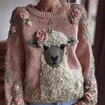 Vintage Sheep Pink Roses Beaded Cozy Knit Sweater - Image 2
