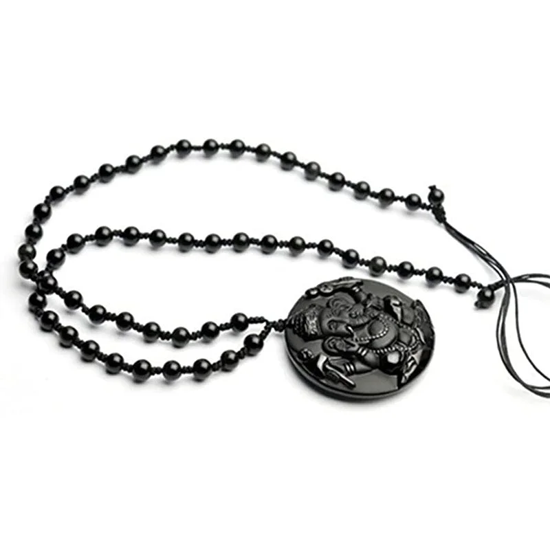 Black Obsidian Ganesh Ganpati Elephant Protection Pendant Necklace