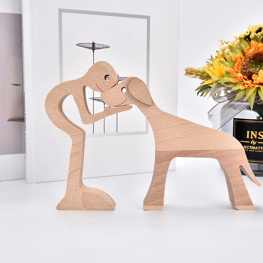 Family Puppy Wood Dog Craft Figurine Desktop Table Ornament Carving Model Creative Home Office Decoration Love Pet sculpture 515