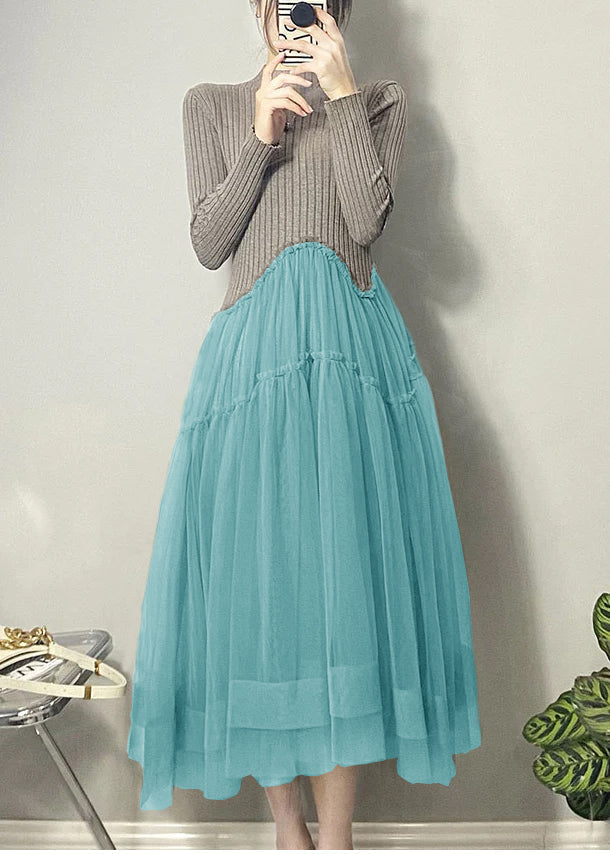 VCSHOES Blue Asymmetrical Tulle Patchwork Long Dresses Fall