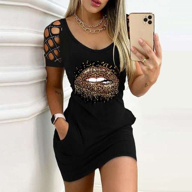 Elegant Rose Print Pocket Mini Dress Women Summer Casual O-Neck Short Sleeve Party Dress Lady Sexy Hollow Out Dress Vestido - BlackFridayBuys