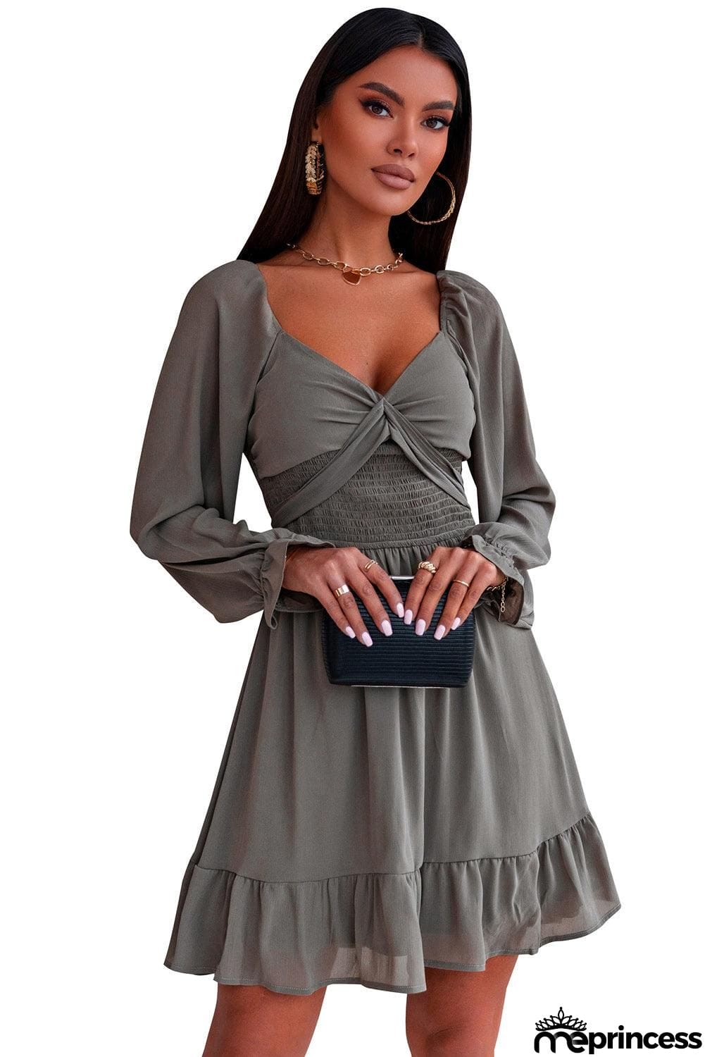 Smocked Long Flounce Sleeve Ruffle Hem Dress