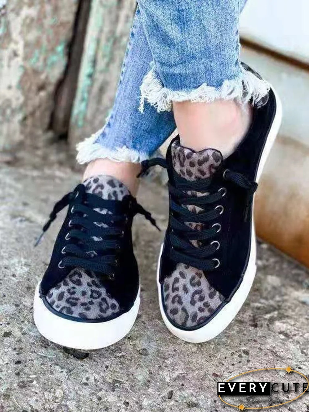 Casual All Season Leopard Split Joint Daily Closed Toe Lace-Up Non-Slip EVA Sneakers for Women