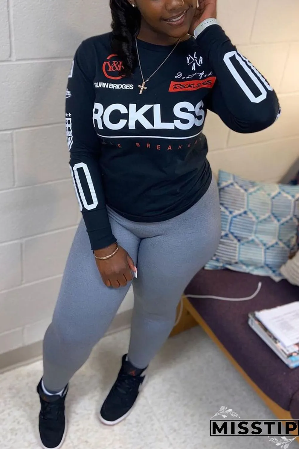 Dark Blue Casual Letter Patchwork O Neck Long Sleeve Two Pieces