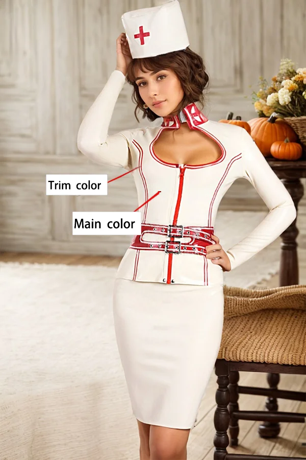 Women Latex Tops White Nurse Set Cap & top & skirt