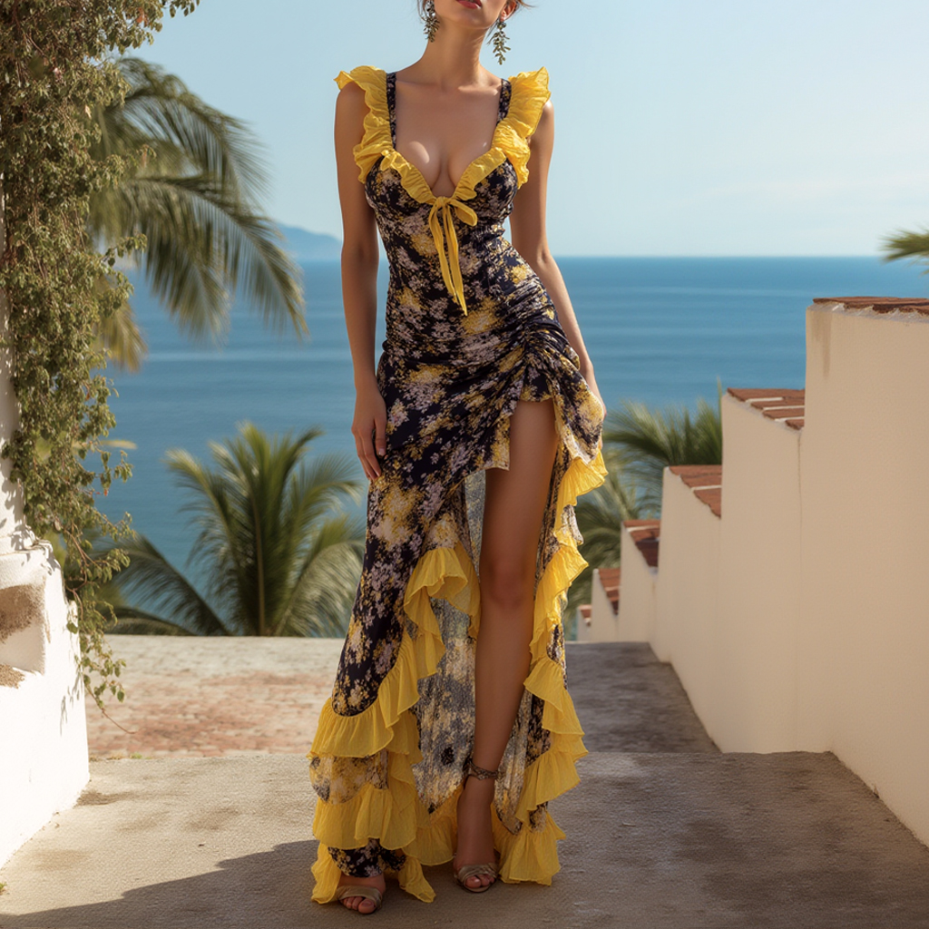 Elegant Floral Yellow And Black Maxi Dress With Ruffled Details