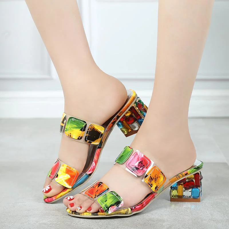 Women Crystal Multi Colors Sandals High Heels Open Toe Beach Flip Flops Heels Shoes